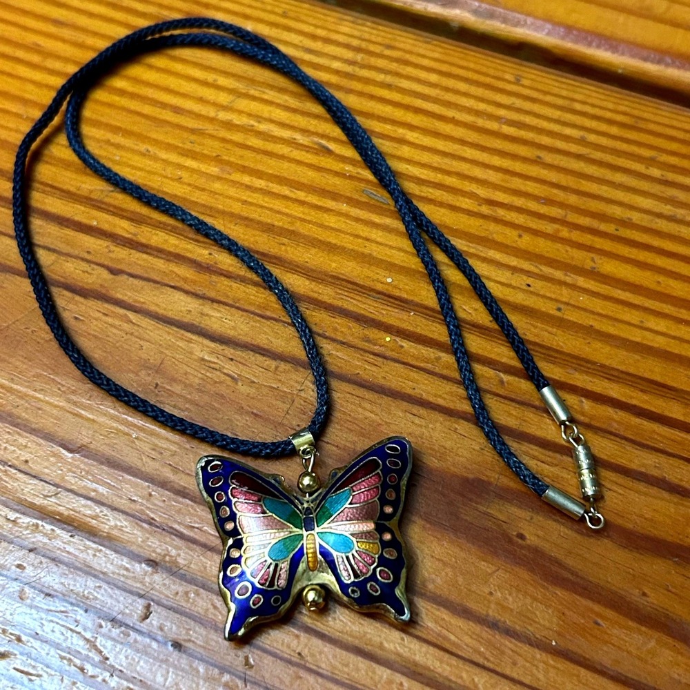 Vintage Cloisonne Enamel Butterfly Pendant Necklace Navy Braided Cord Multicolor